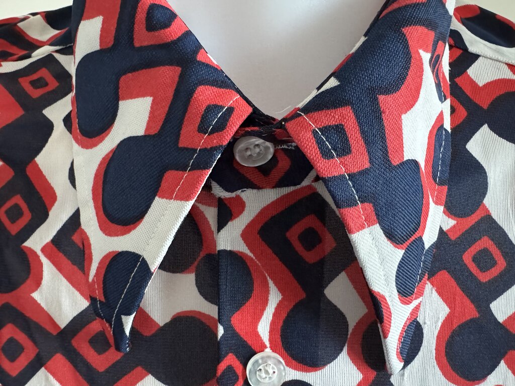 1970s - Vintage Venture Knit “Red Diamond Maze” Nylon Shirt – Made in Korea