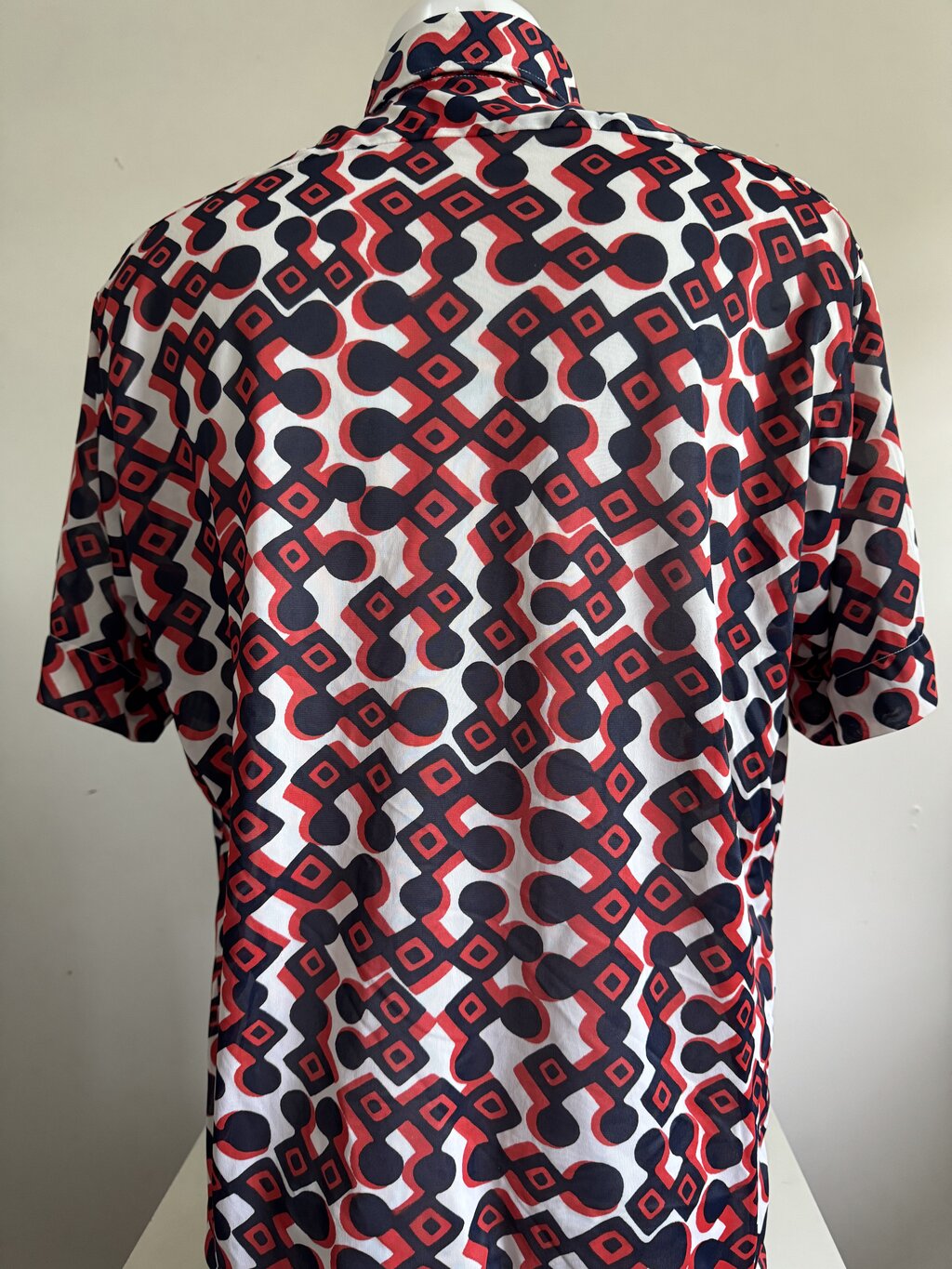 1970s - Vintage Venture Knit “Red Diamond Maze” Nylon Shirt – Made in Korea