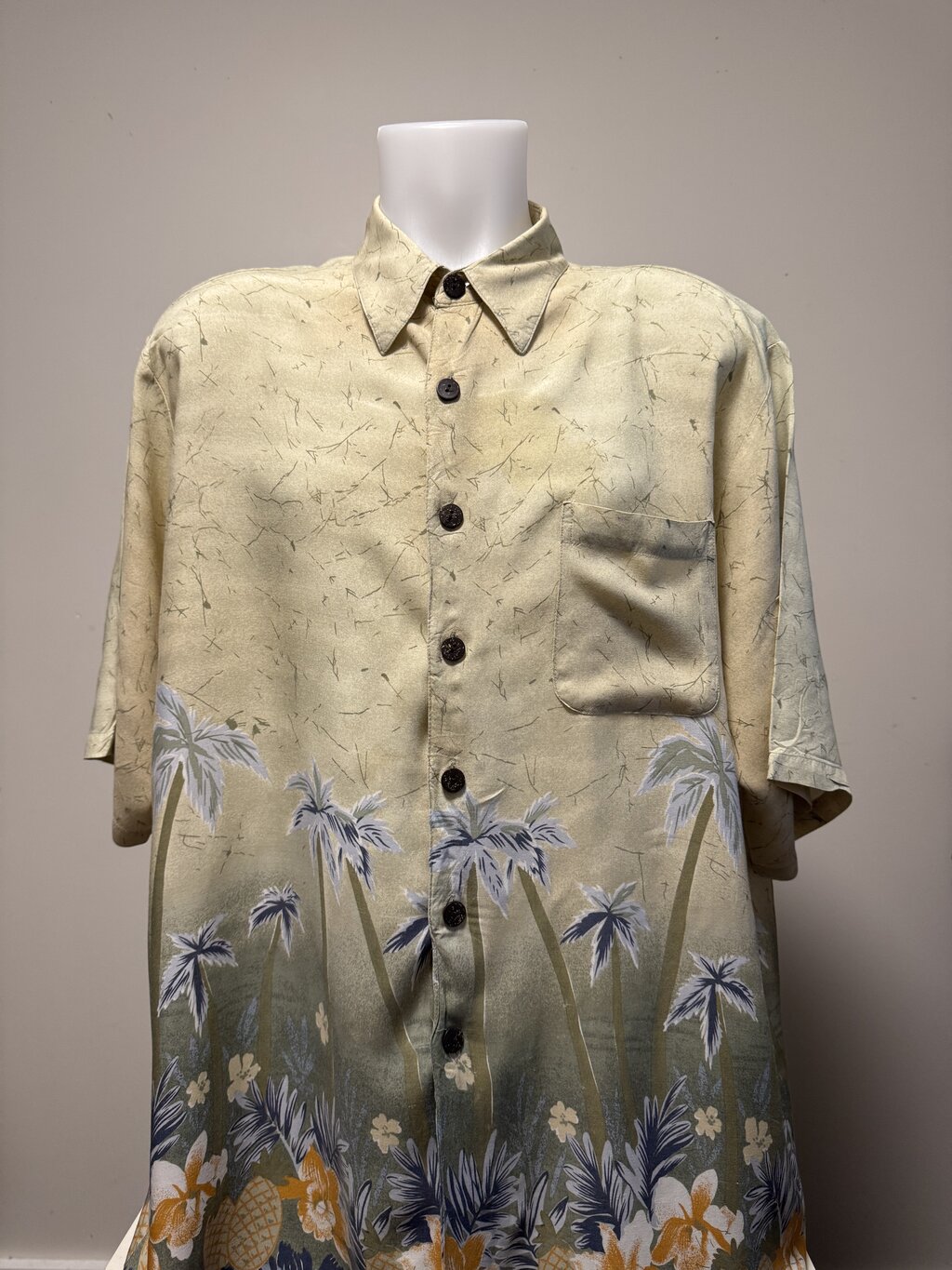 1990s Hana Bay Palm & Floral Border Shirt – Beige, Blue, Green, Yellow (XL)