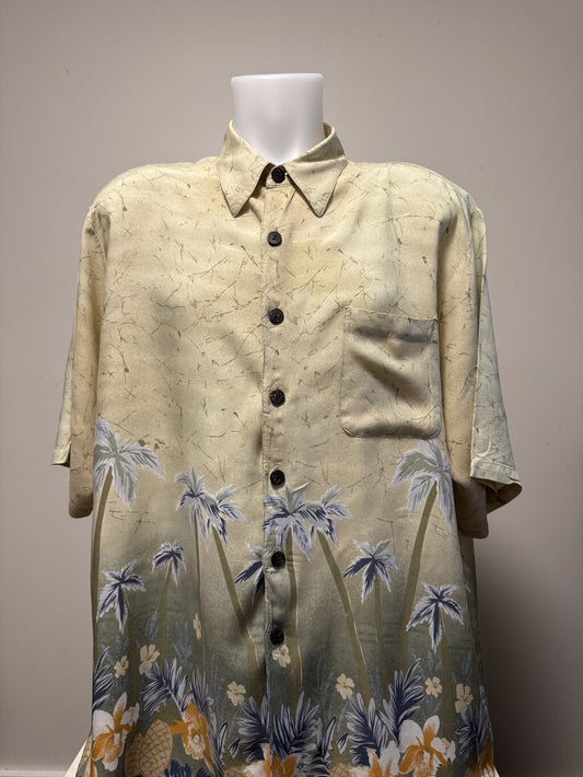 1990s Hana Bay Palm & Floral Border Shirt – Beige, Blue, Green, Yellow (XL)