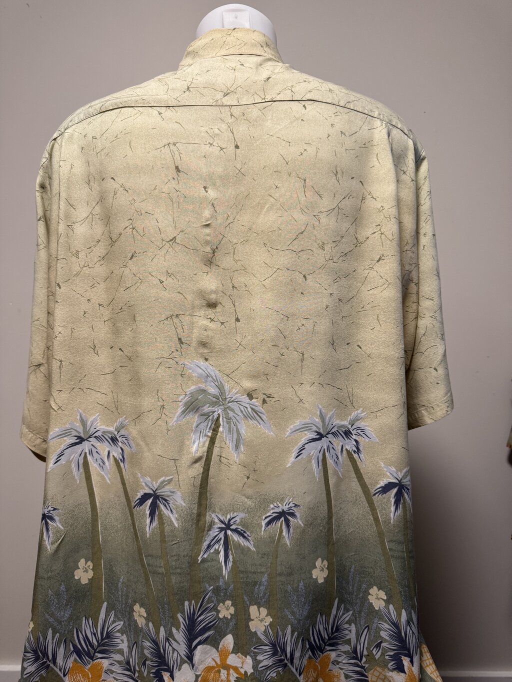 1990s Hana Bay Palm & Floral Border Shirt – Beige, Blue, Green, Yellow (XL)