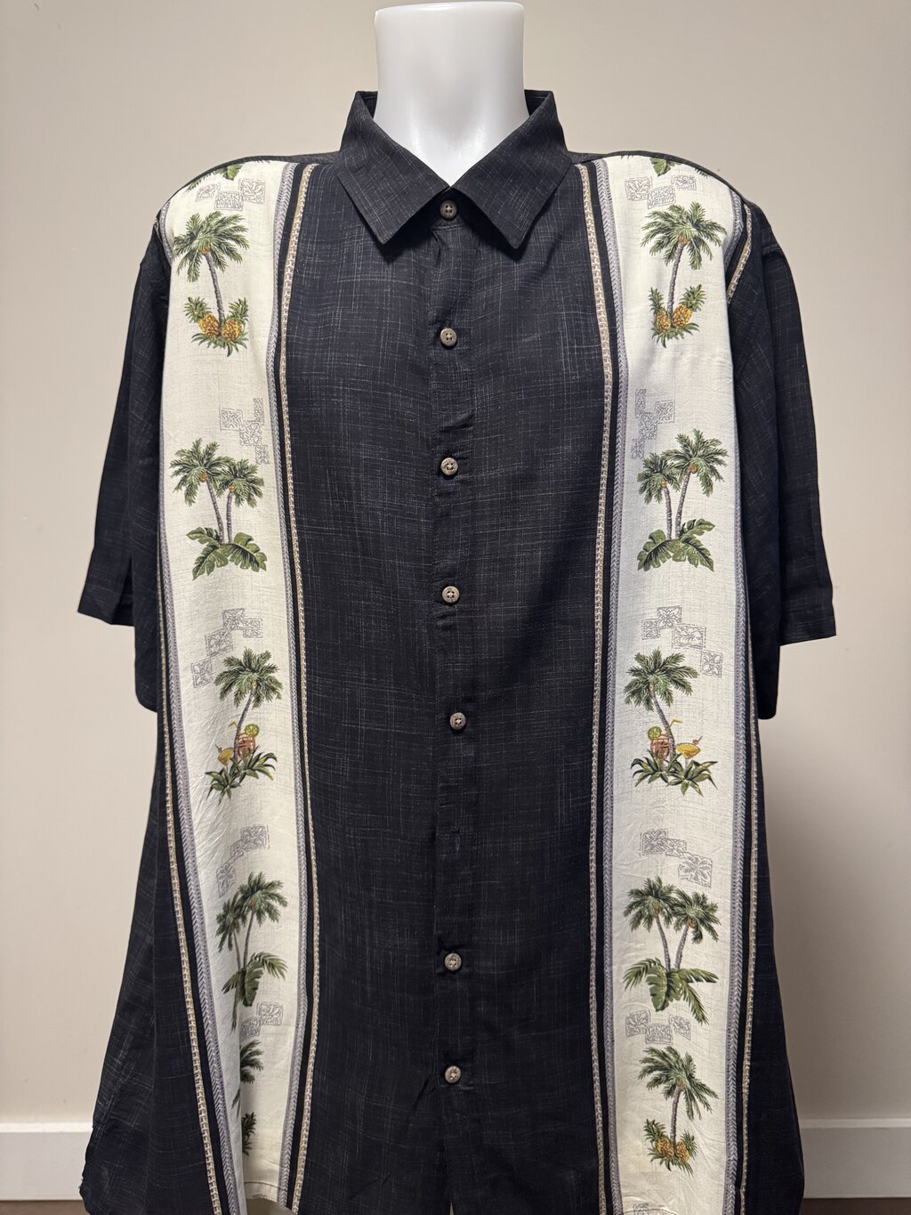 2000s Batik Bay Palm Panel Shirt – Charcoal & Cream (3XB)