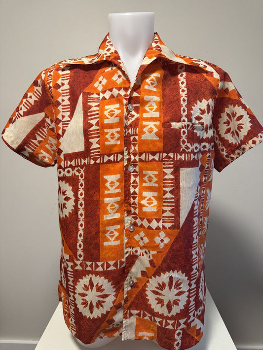 1950s Aloha Kanani Shirt – Crinkle Rayon Tapa Print with Welt Pocket (M)
