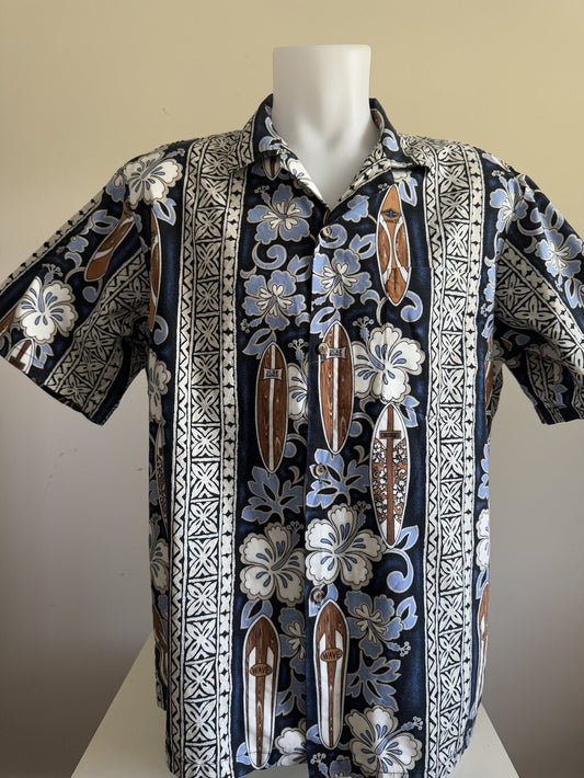 Vintage 1980s–90s “Surf Hawaii” Floral & Board Print Shirt – Made in Hawaii
