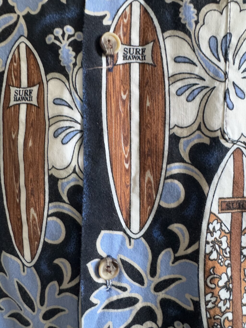 Vintage 1980s–90s “Surf Hawaii” Floral & Board Print Shirt – Made in Hawaii