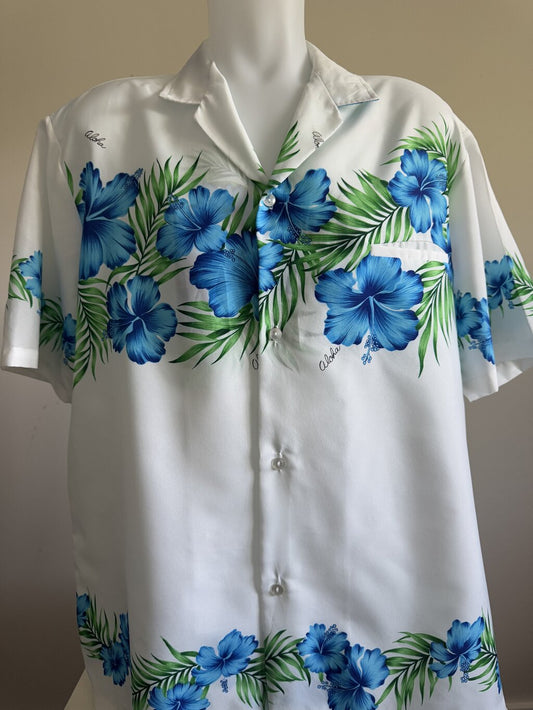 1980s - Royal Creations XL Vintage Aloha Shirt – Blue Hibiscus & Palm on White Polyester