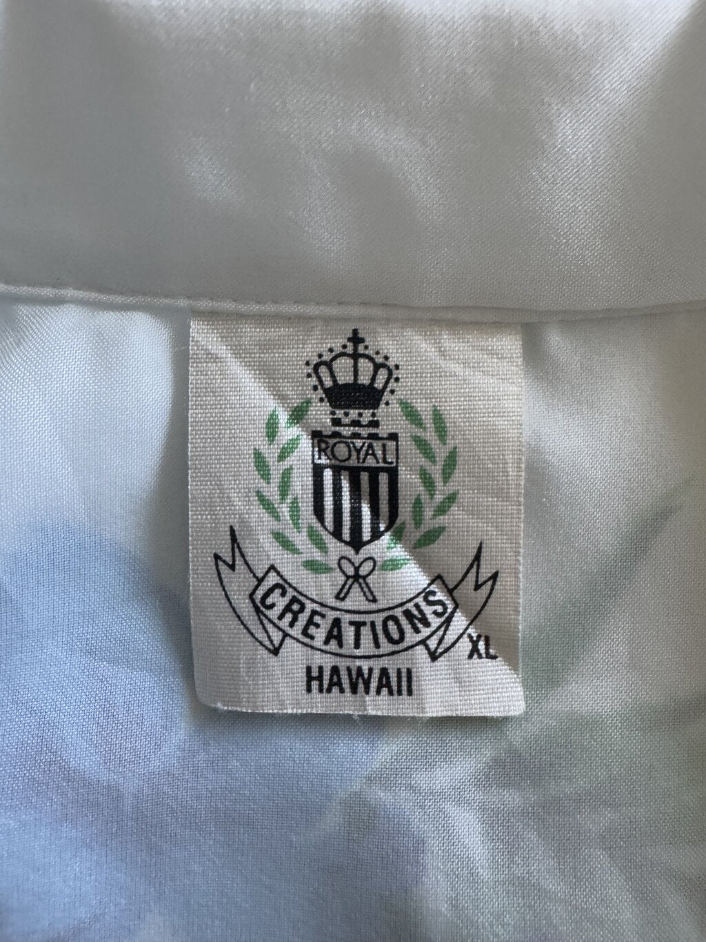 1980s - Royal Creations XL Vintage Aloha Shirt – Blue Hibiscus & Palm on White Polyester