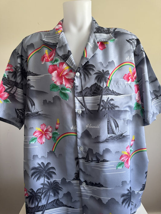 1990s–early 2000s - Winnie Fashion Vintage Hawaiian Shirt – Sailing Rainbows & Hibiscus on Silky Grey (2XL)