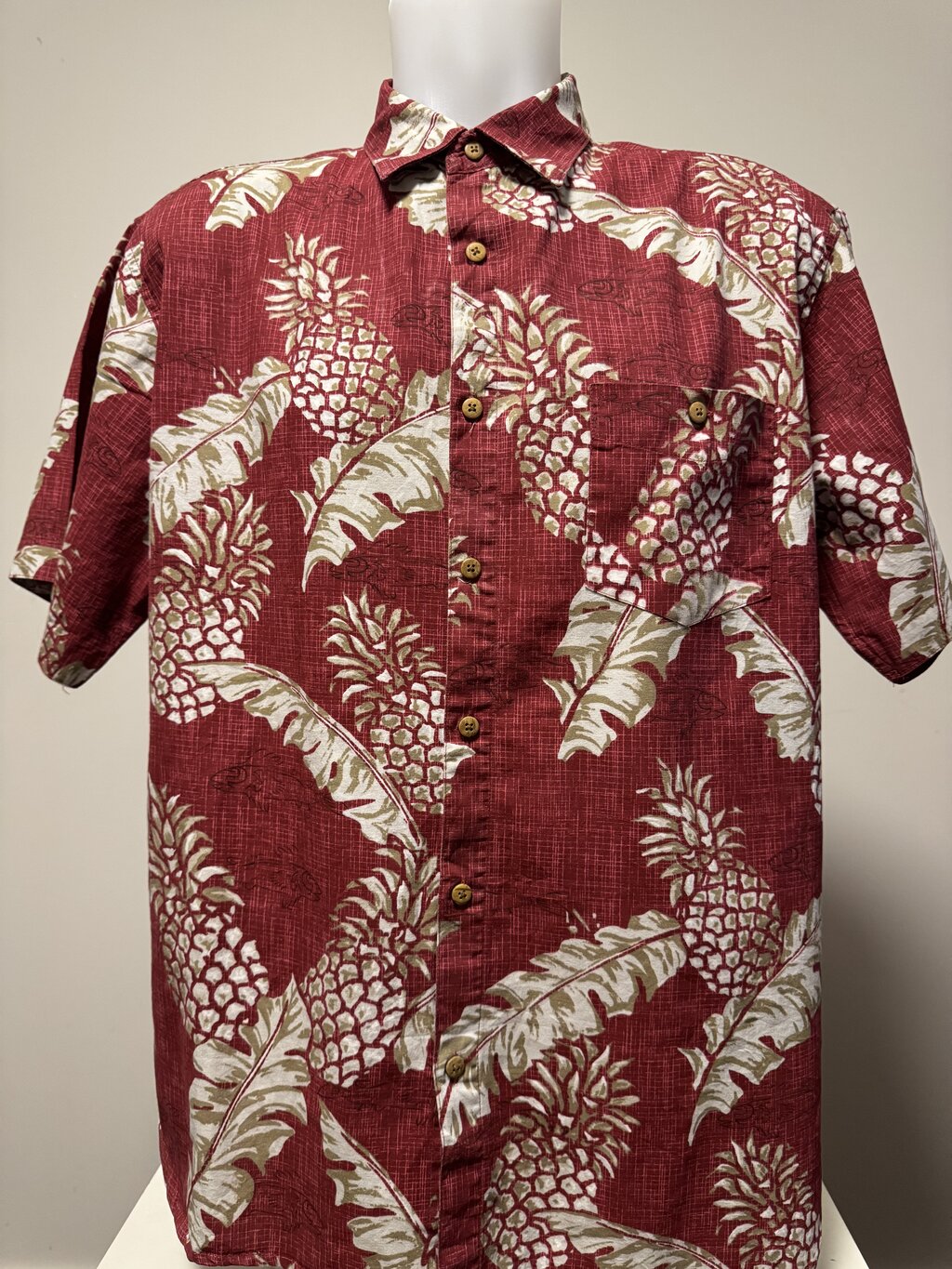 1990s Moda Campia Moda Pineapple Print Shirt – Red/White/Beige (L)