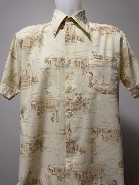 1960s–early 1970s - Impact Korean-Made Scenic Shirt – Soft Beige Storybook Scene (L)