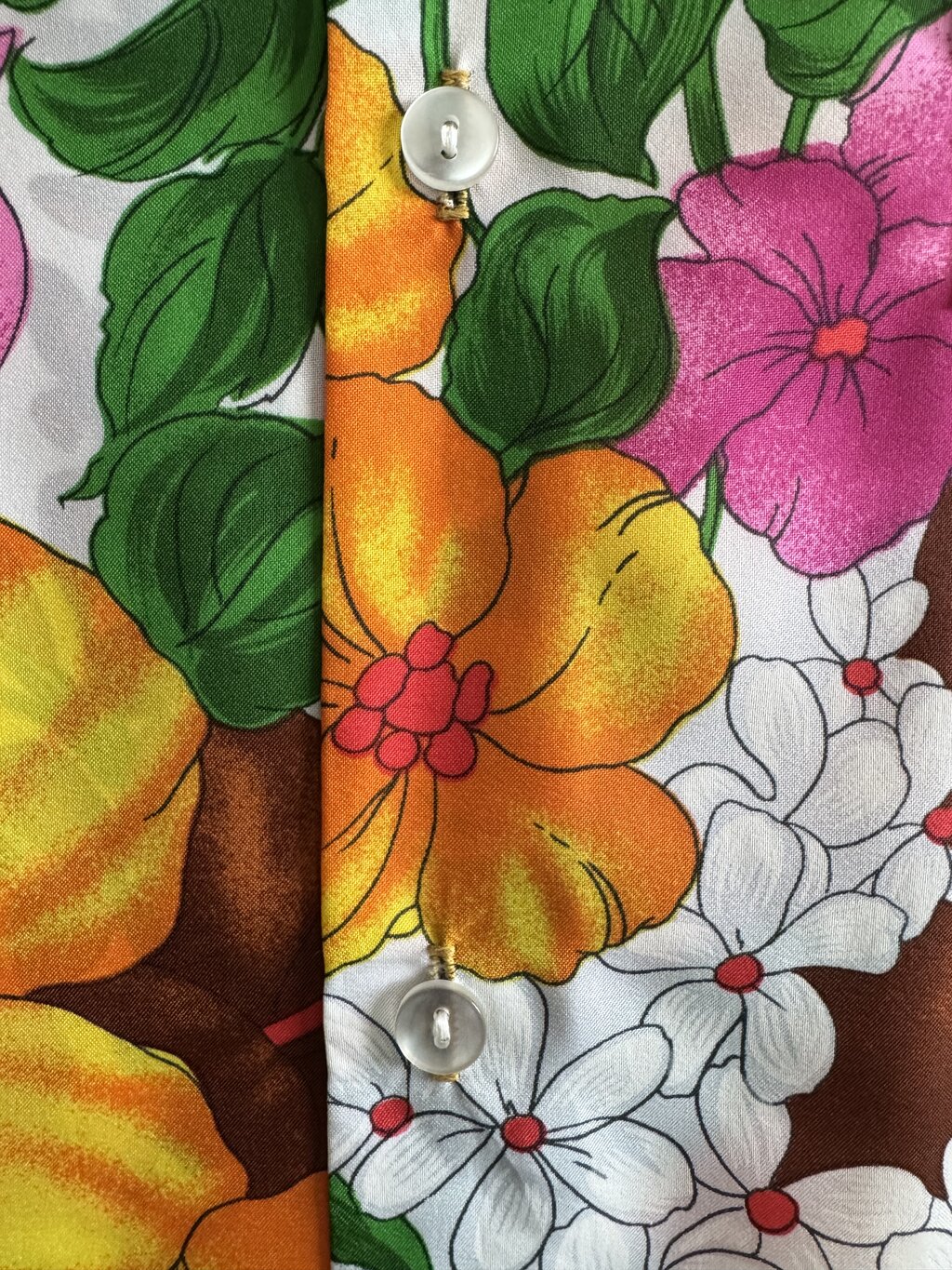 60s Pomare Tropical Garden Aloha Shirt – Orange Hibiscus & White Plumeria Explosion (S)