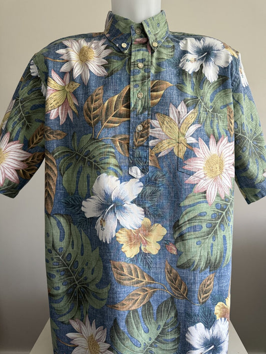 90s Reyn Spooner Botanical Garden Shirt – Reverse Print Hibiscus & Lotus on Denim Blue (L)