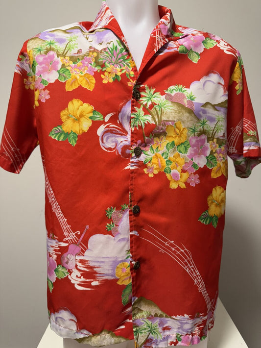 1980s–1990s - Pua Hawaii Red Sunset Shirt with Musical Motif & Scenic Landscape – Size L