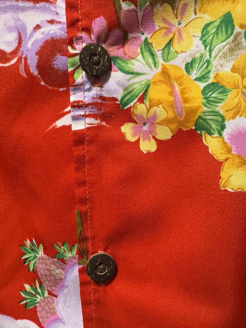 1980s–1990s - Pua Hawaii Red Sunset Shirt with Musical Motif & Scenic Landscape – Size L