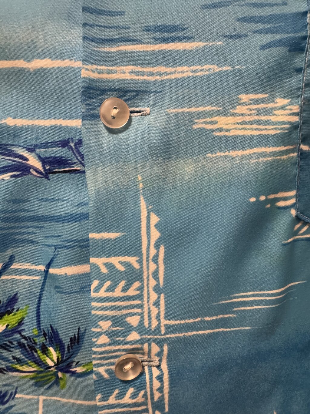 1970s - Sears Hawaii Blue Poly Shirt with Huts, Hibiscus & Palm Clusters – Large