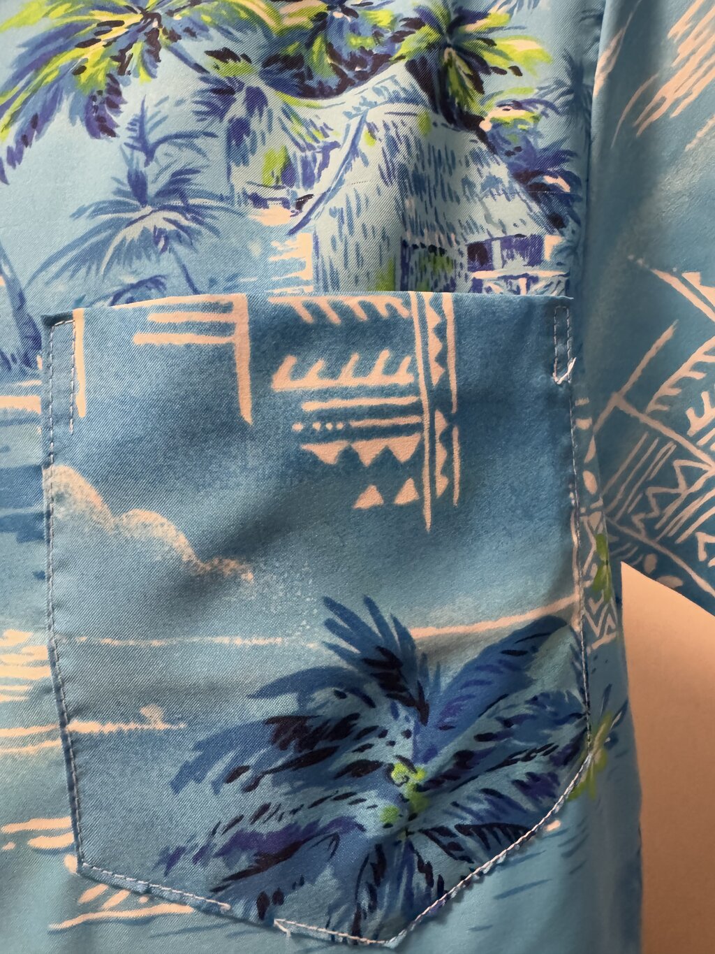 1970s - Sears Hawaii Blue Poly Shirt with Huts, Hibiscus & Palm Clusters – Large
