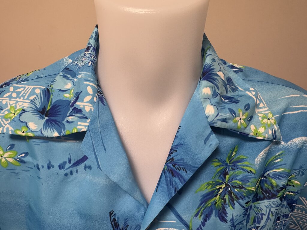 1970s - Sears Hawaii Blue Poly Shirt with Huts, Hibiscus & Palm Clusters – Large