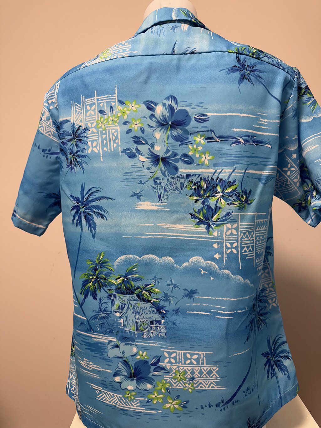 1970s - Sears Hawaii Blue Poly Shirt with Huts, Hibiscus & Palm Clusters – Large