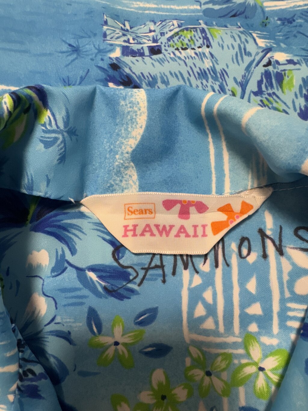 1970s - Sears Hawaii Blue Poly Shirt with Huts, Hibiscus & Palm Clusters – Large