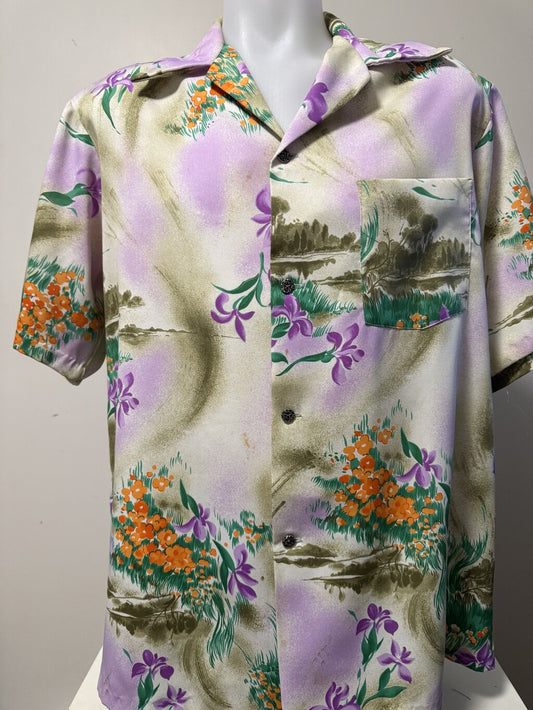 1960s - Ludi’s Waikiki Pastel Iris Cotton Aloha Shirt - Purple & Orange Bloomscape