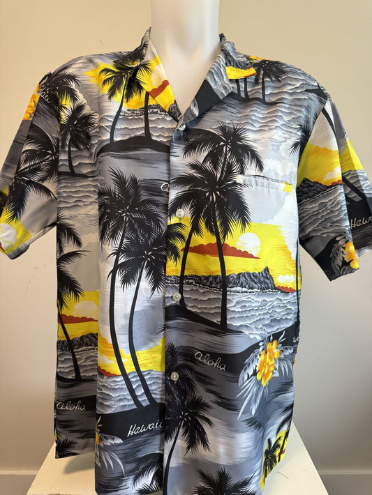 1990s - Royal Creations Sunset Seascape Shirt – Black & Yellow Silky Poly, Size L