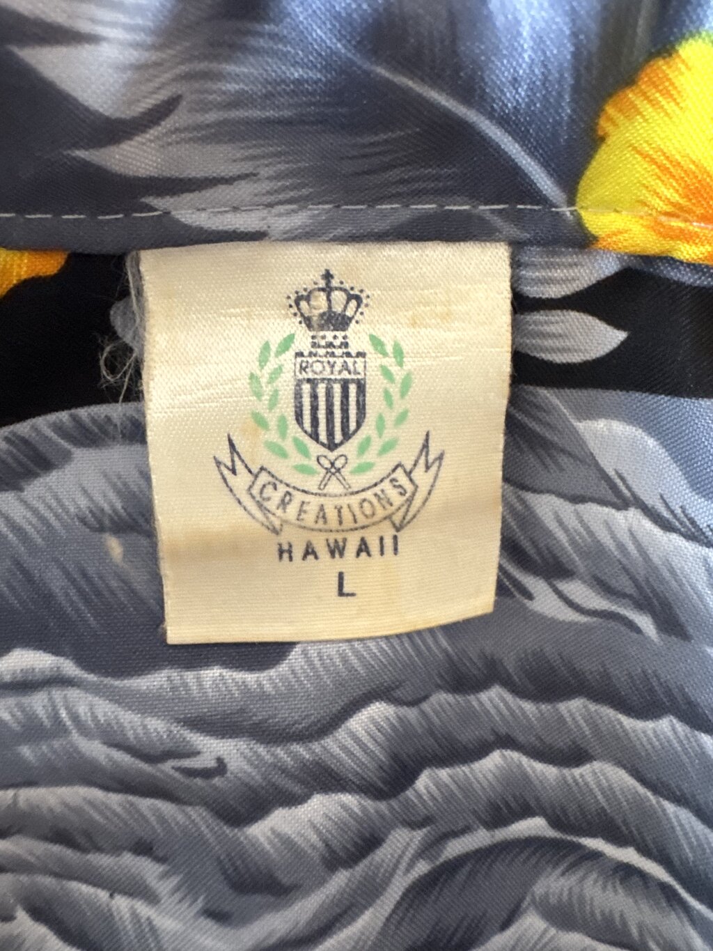 1990s - Royal Creations Sunset Seascape Shirt – Black & Yellow Silky Poly, Size L