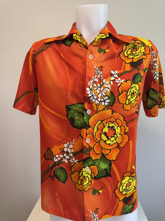 1970s - Young Hawaii Tangerine Bloom Barkcloth Shirt – Honolulu-Made Rarity