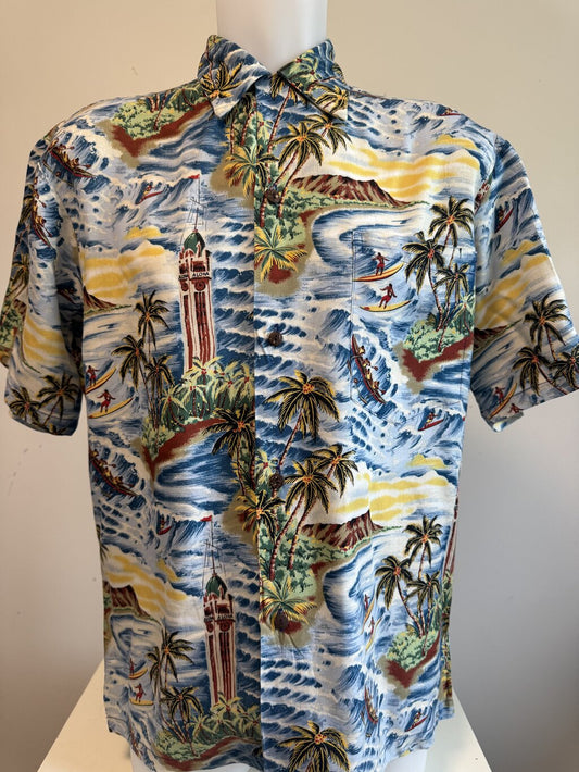 1980s to early 1990s - Vintage Pineapple Juice Hawaiian Shirt – Surf & Aloha Tower Scene (S)