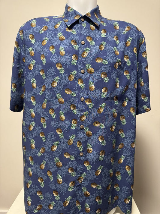 1990s Campia Pineapple Print Shirt – Navy & Gold (L)