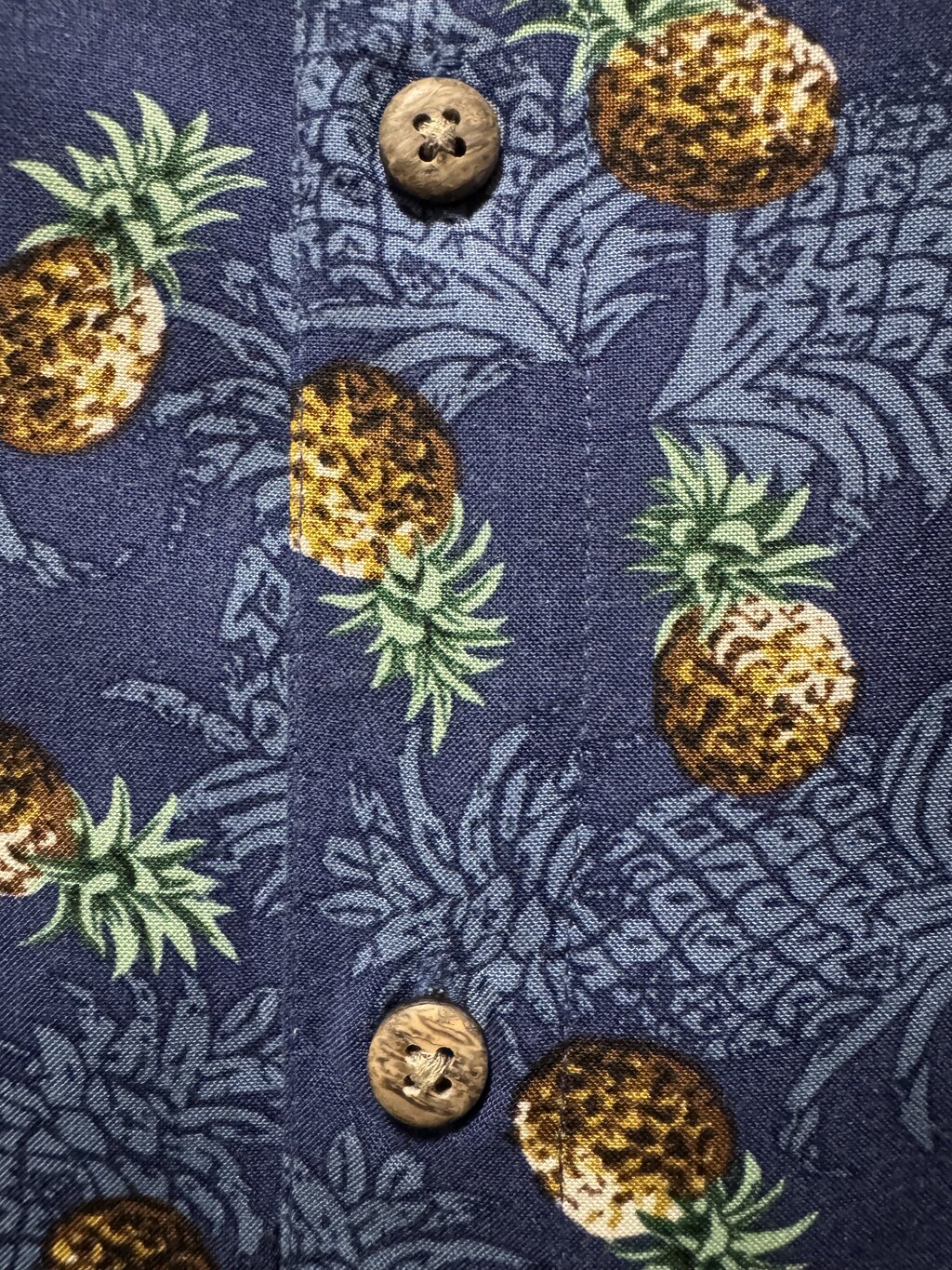 1990s Campia Pineapple Print Shirt – Navy & Gold (L)