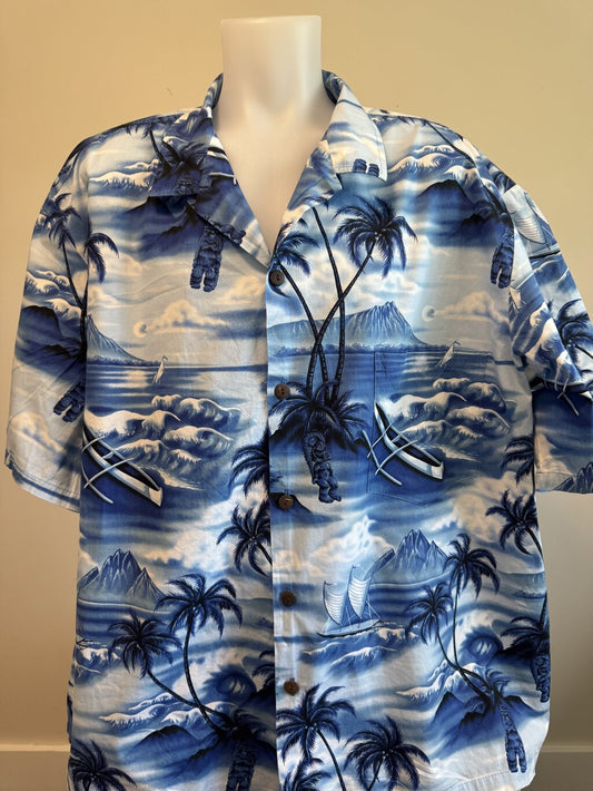 1990s–2000s - Royal Hawaiian Creations Blue Tiki Sunset Rayon Shirt – 4XL