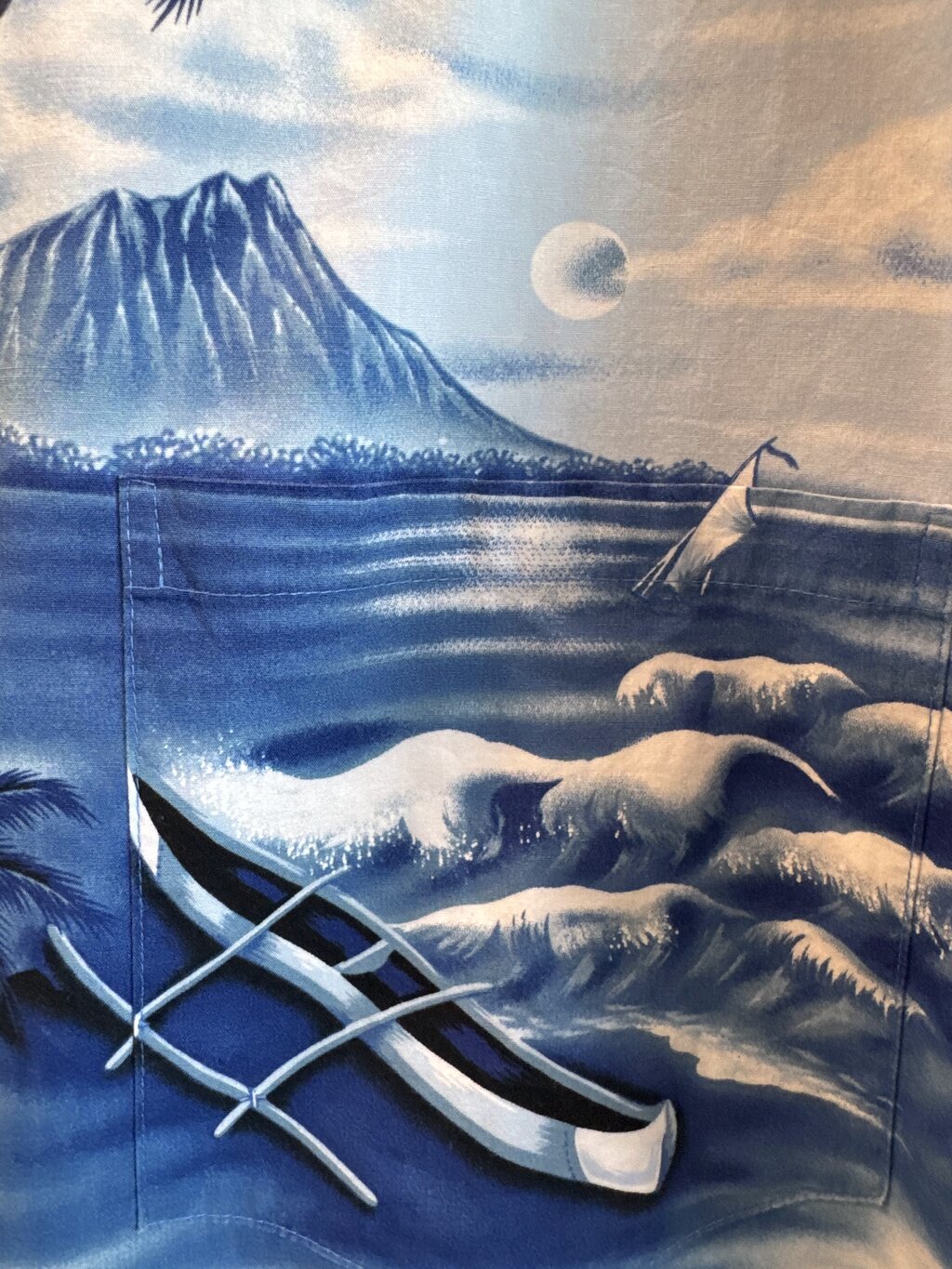 1990s–2000s - Royal Hawaiian Creations Blue Tiki Sunset Rayon Shirt – 4XL