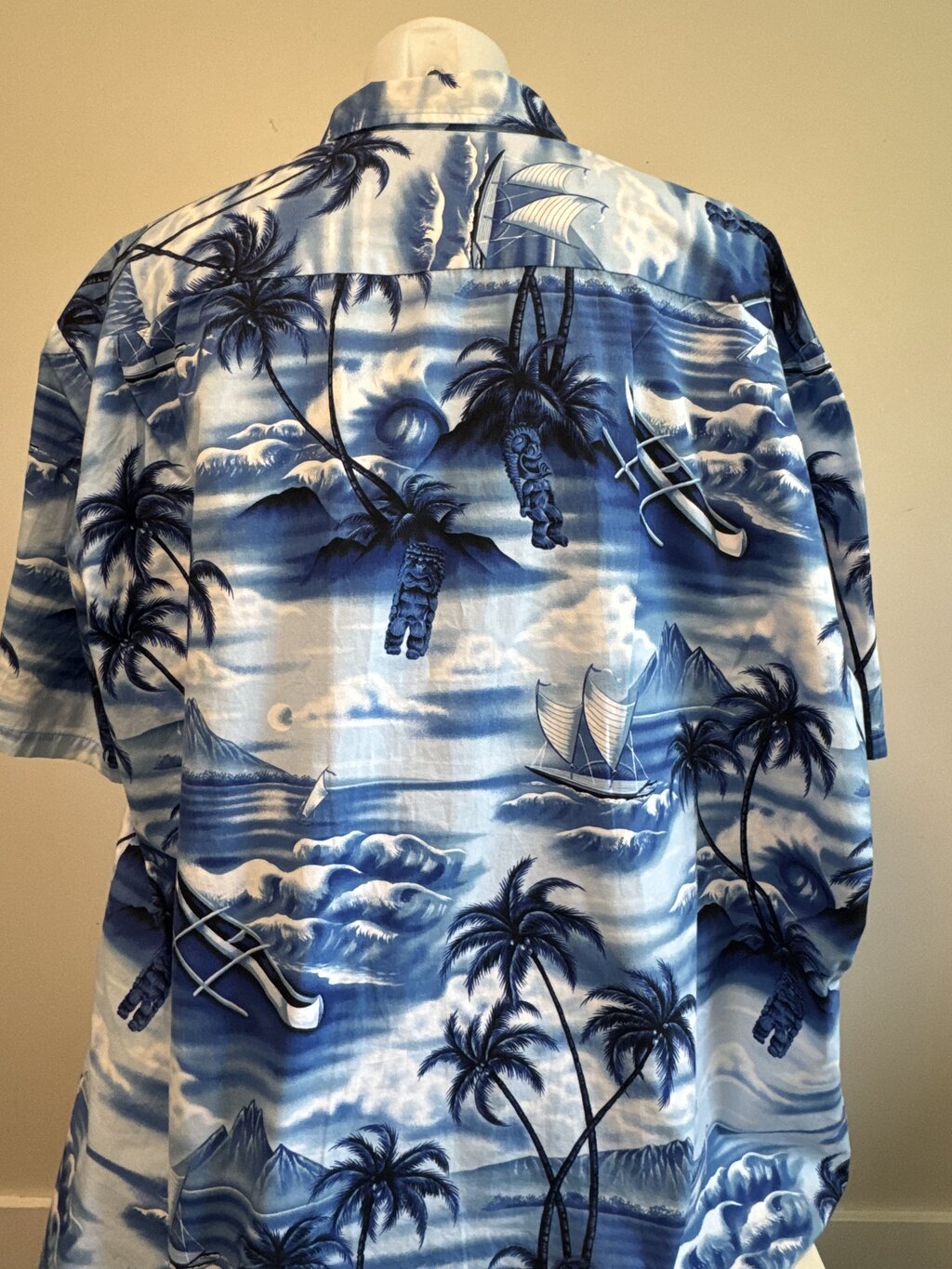 1990s–2000s - Royal Hawaiian Creations Blue Tiki Sunset Rayon Shirt – 4XL