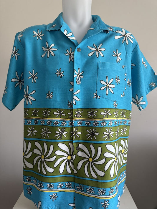 70s Liberty House Retro Daisy Stripe Shirt – Aqua & Olive Barkcloth (M)