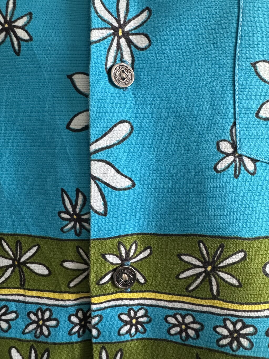 70s Liberty House Retro Daisy Stripe Shirt – Aqua & Olive Barkcloth (M)