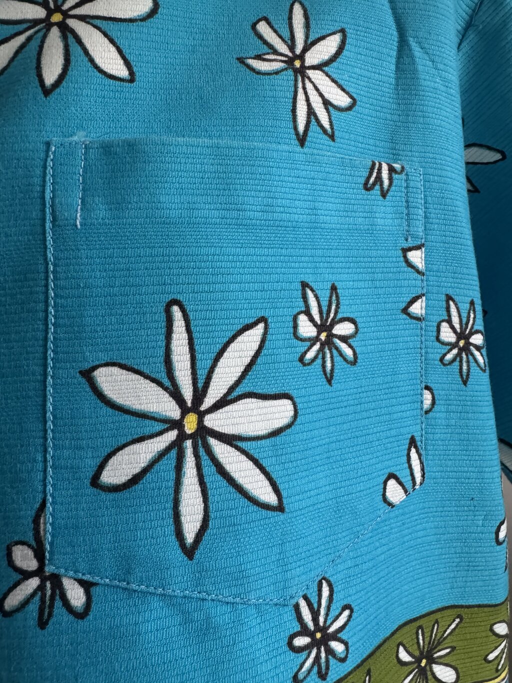 70s Liberty House Retro Daisy Stripe Shirt – Aqua & Olive Barkcloth (M)