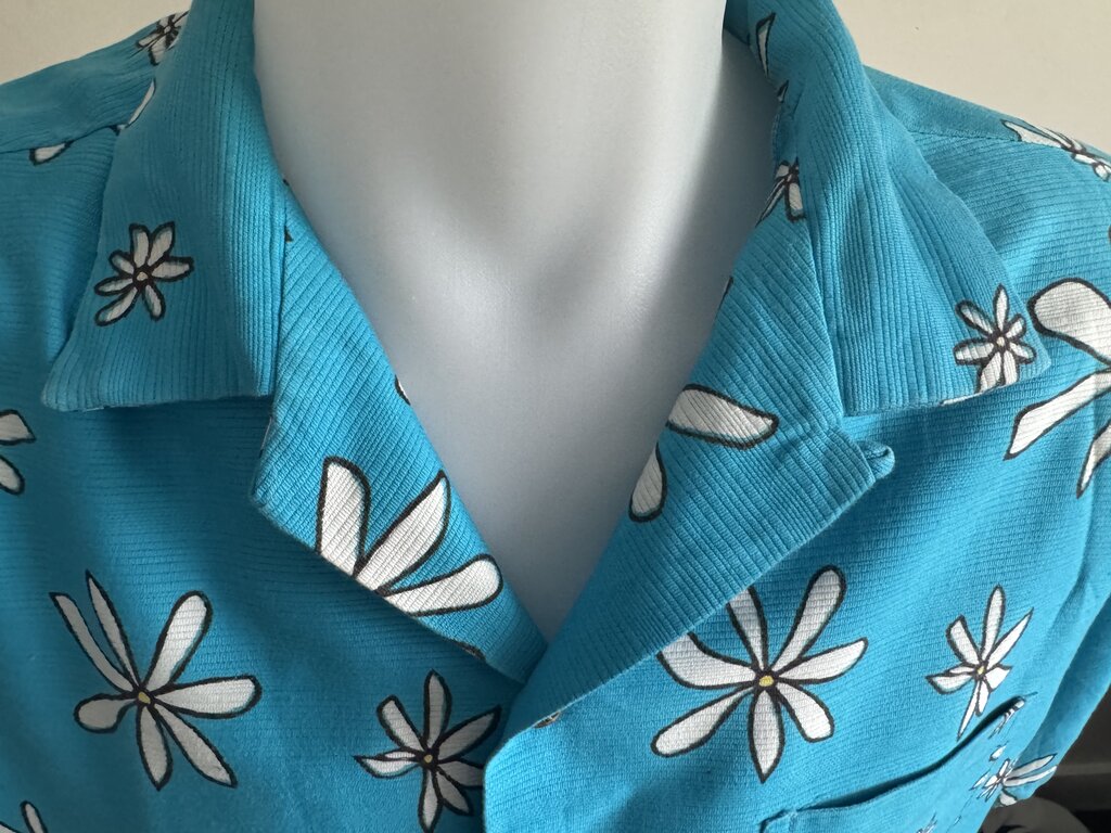 70s Liberty House Retro Daisy Stripe Shirt – Aqua & Olive Barkcloth (M)