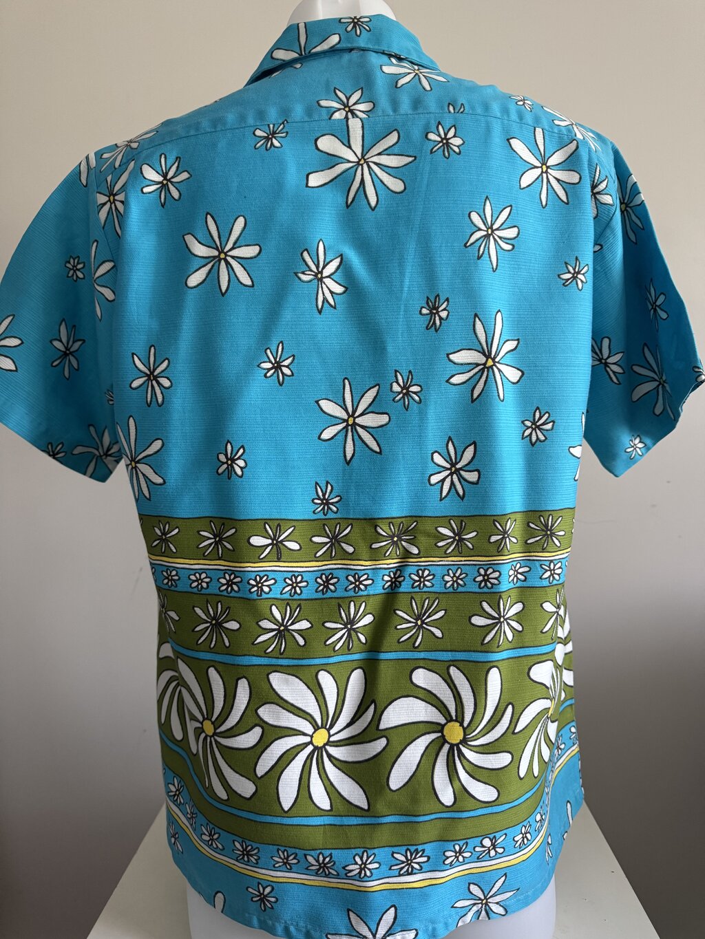 70s Liberty House Retro Daisy Stripe Shirt – Aqua & Olive Barkcloth (M)