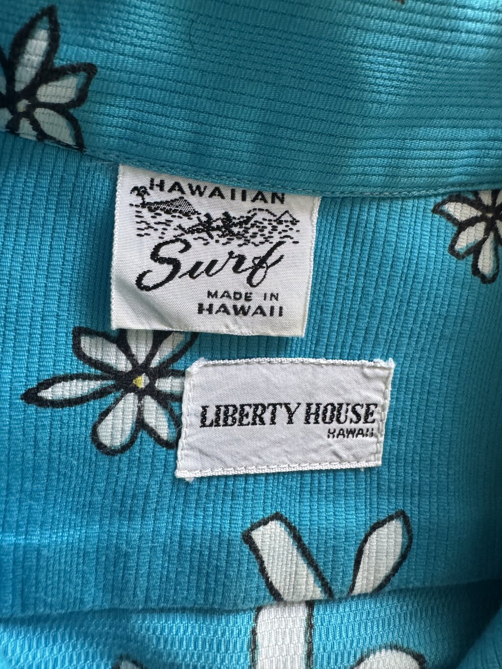 70s Liberty House Retro Daisy Stripe Shirt – Aqua & Olive Barkcloth (M)