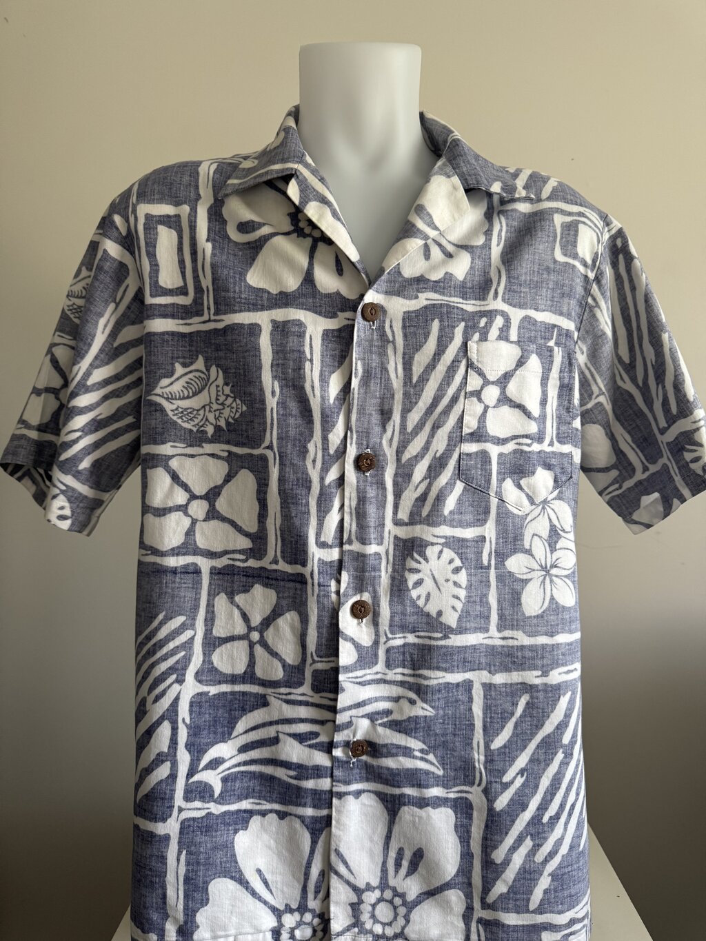 90s HRH Block Print Shirt – Indigo & White Tapa Motif with Coconut Buttons (L)