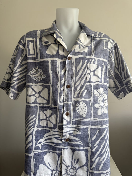 90s HRH Block Print Shirt – Indigo & White Tapa Motif with Coconut Buttons (L)