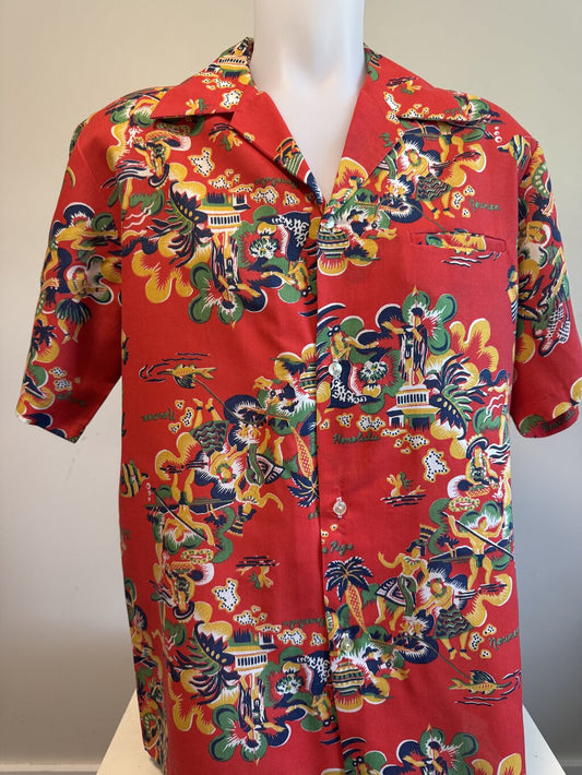 Late 1960s - Vintage Kona Coast Red Polynesian Scenic Shirt – 50/50 Rayon-Poly Blend (L)