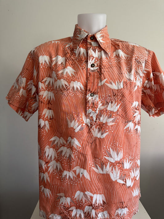 90s Cooke Street Bamboo & Monstera Shirt – Rust Barkcloth with White Island Motif (XL)