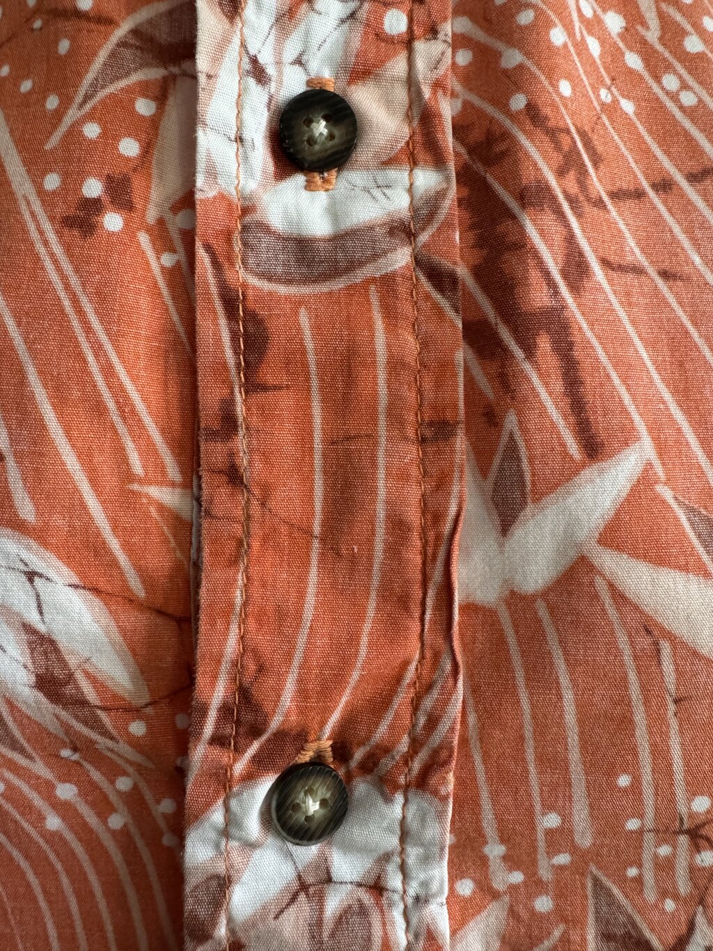 90s Cooke Street Bamboo & Monstera Shirt – Rust Barkcloth with White Island Motif (XL)