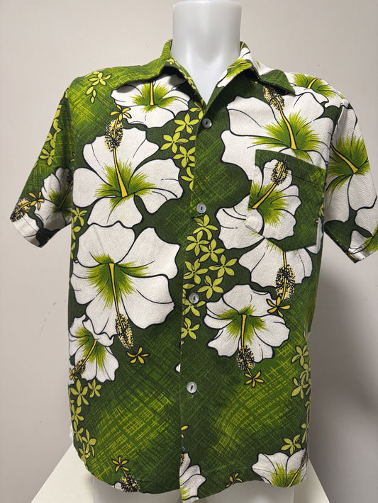 70s Hukilau Fashions Floral Shirt – Green Barkcloth with White & Pink Tropical Print (M)