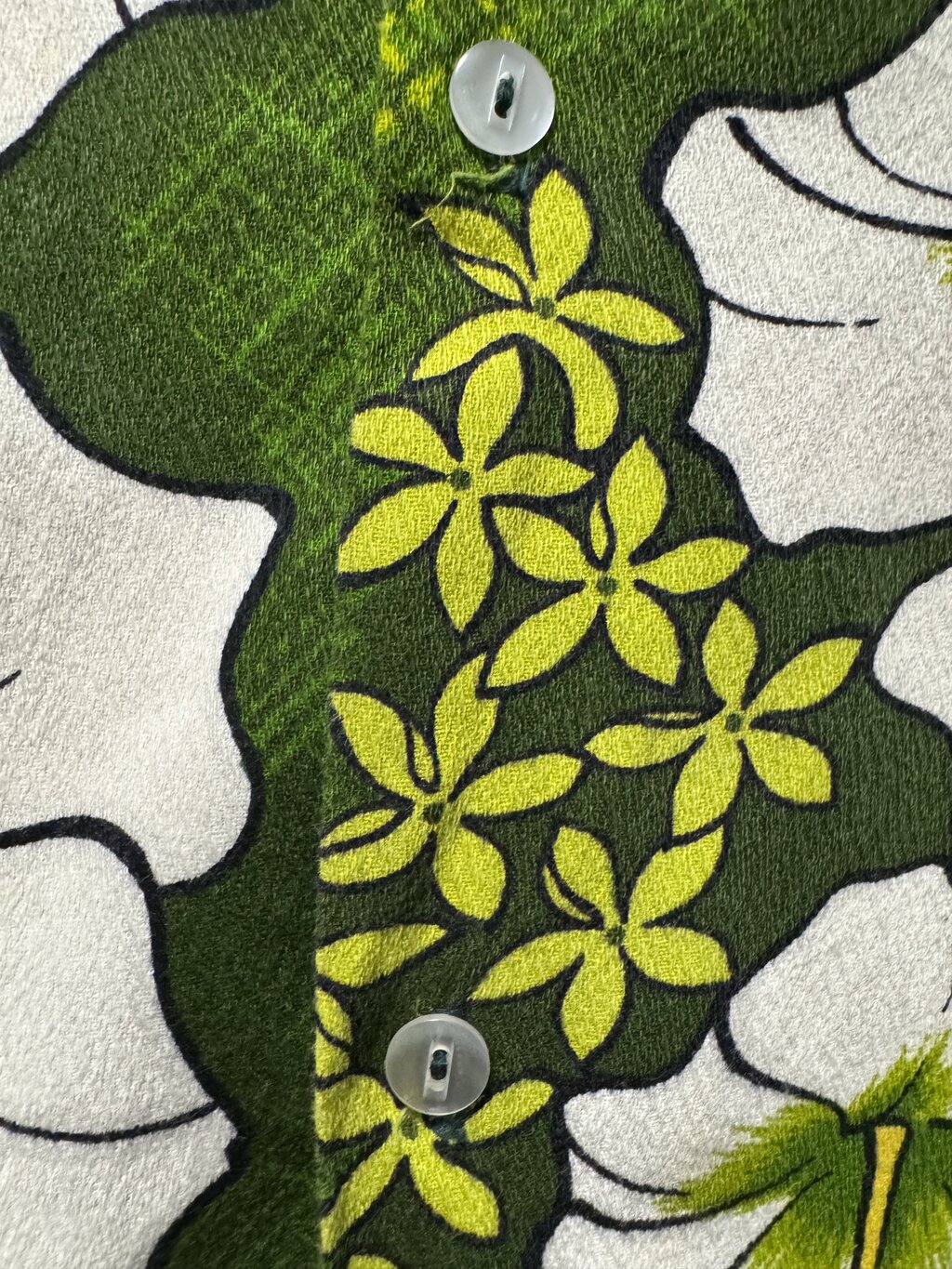 70s Hukilau Fashions Floral Shirt – Green Barkcloth with White & Pink Tropical Print (M)