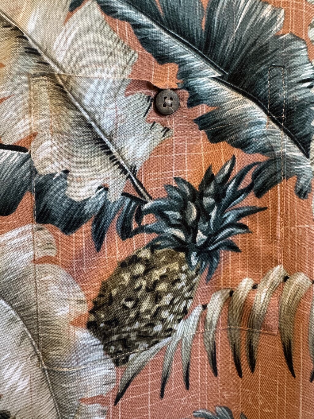 1990s Batik Bay Pineapple & Banana Leaf Print Shirt – Terracotta & Green (XXL)