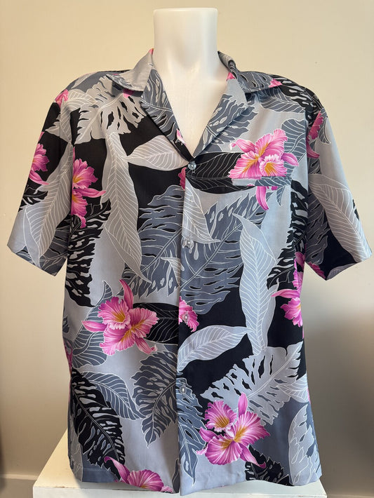 80s Helena’s Orchid Leaf Aloha Shirt – Silky Grey & Fuchsia Jungle Floral (XXL)
