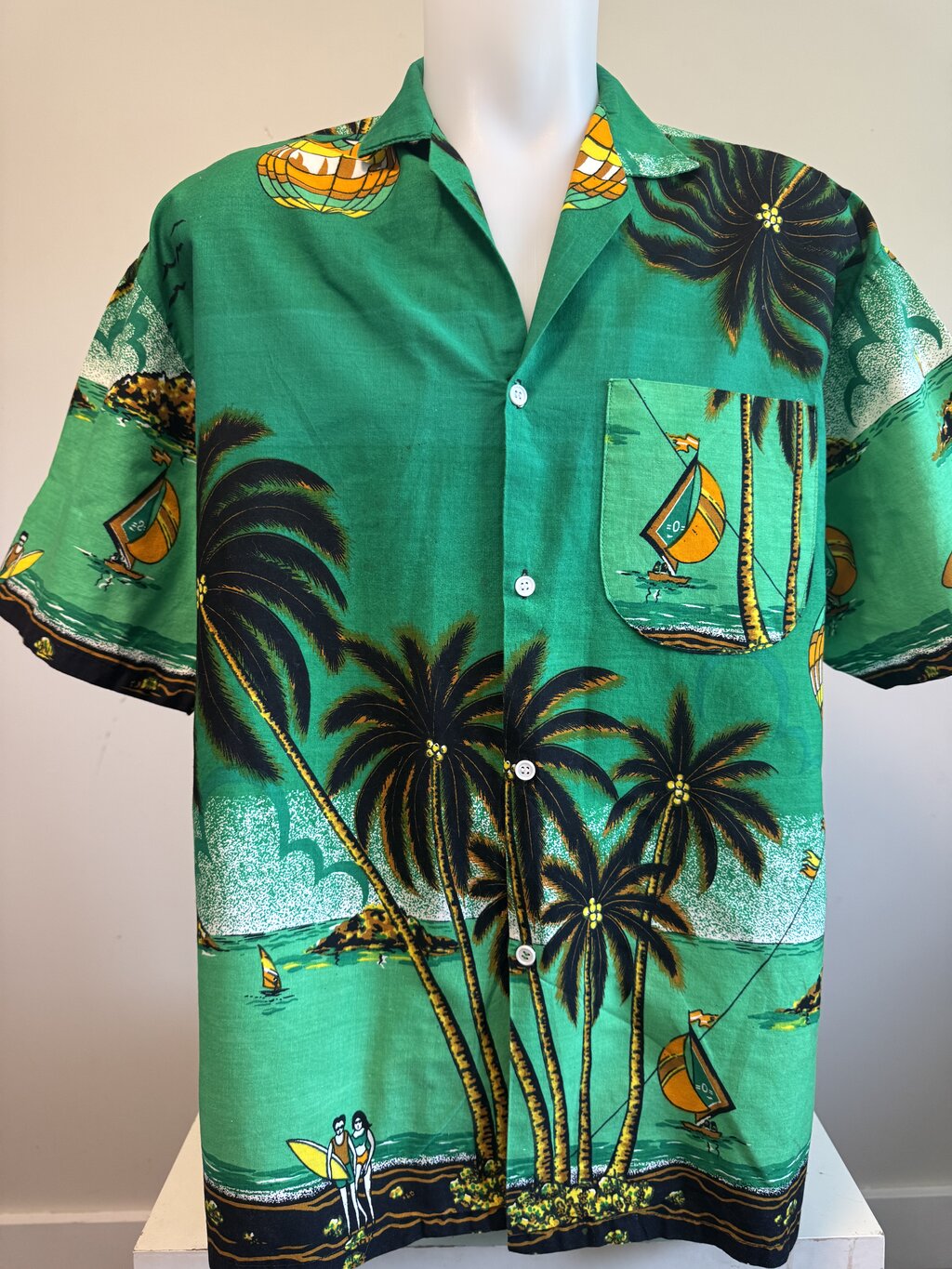 1990s  - Vintage Glarious Cotton Aloha Shirt – Green Lagoon with Sailboats & Hot Air Balloons (XL)
