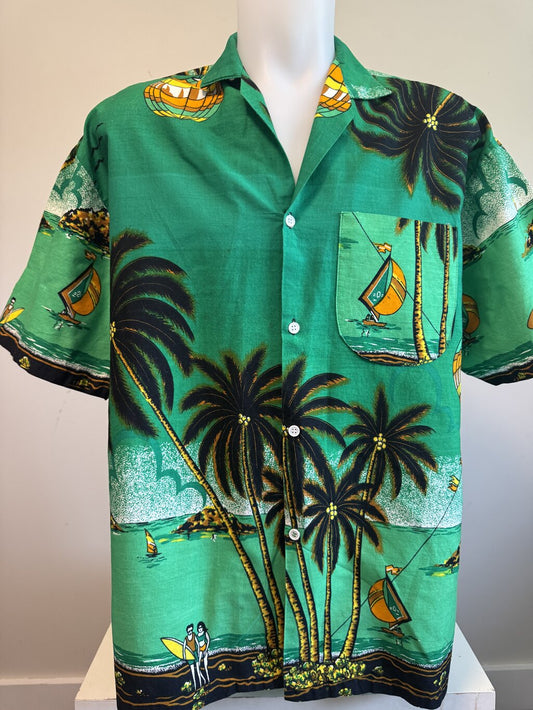 1990s  - Vintage Glarious Cotton Aloha Shirt – Green Lagoon with Sailboats & Hot Air Balloons (XL)